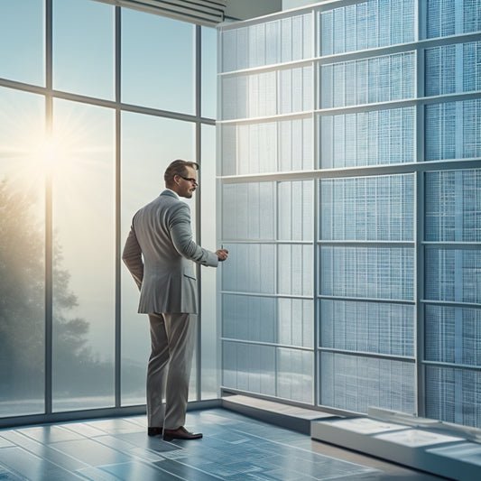 An illustration of a person standing in front of a large, transparent glass board with a grid of rising lines and columns, surrounded by scattered papers, calculators, and a miniature solar panel.