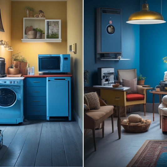 A split-screen image: a cluttered, dimly lit room with old appliances and tangled cords on one side, contrasted with a modern, bright space featuring sleek, energy-efficient devices and a sleek inverter unit.
