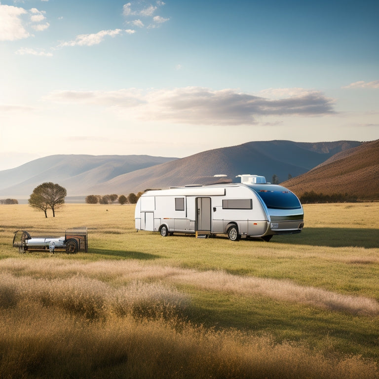 A photorealistic illustration of a sleek, silver RV parked in a serene, sun-drenched meadow, surrounded by rolling hills, with solar panels and a wind turbine on the roof.