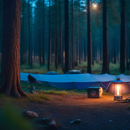 A serene forest campsite at dusk, featuring a portable solar panel charging a sleek, compact battery pack, with a lit lantern and a few camping essentials scattered around.