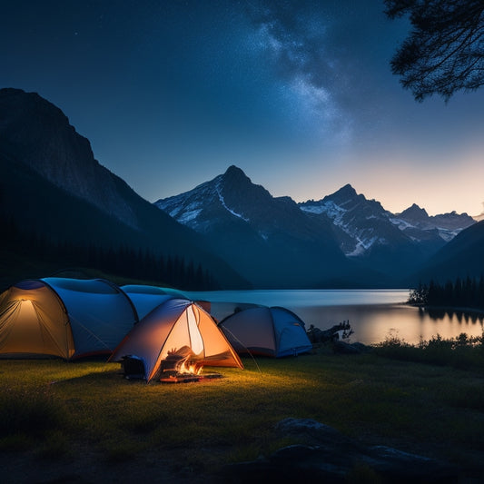 A serene camping scene at dusk, featuring a portable power inverter powering string lights around a cozy tent, with a campfire nearby, mountains in the background, and a starry sky above.