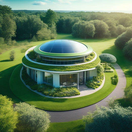 A futuristic home with solar panels, wind turbines, and a green roof, surrounded by a lush garden, with a subtle gradient of blue and green hues, conveying eco-friendliness and innovation.