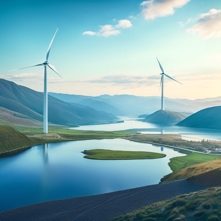 A serene landscape with a subtle blue tone, featuring a majestic wind turbine in the foreground, surrounded by a few solar panels, and a small hydroelectric dam in the distant hills.