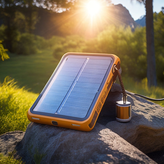 A sleek solar charger with a sunlit backdrop, showcasing vibrant solar panels, a rugged design, and charging devices like phones and laptops, surrounded by nature, emphasizing power and reliability in an emergency setting.