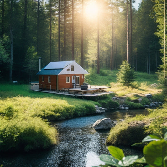A serene off-grid cabin nestled in a forest, surrounded by solar panels, a small wind turbine, and a gentle stream with a micro-hydropower setup, all under a clear blue sky.