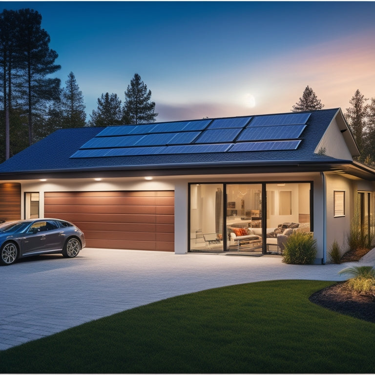 A modern home with solar panels, a sleek battery backup system in the garage, glowing LED indicators, and a cozy living space, all illuminated by warm, natural light, showcasing energy independence and sustainability.