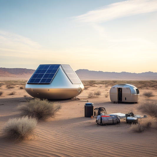 A futuristic, portable energy hub in a desert landscape, with a sleek, aerodynamic generator, thin-film solar panels, and a compact, metallic battery pack, surrounded by minimalist camping gear.