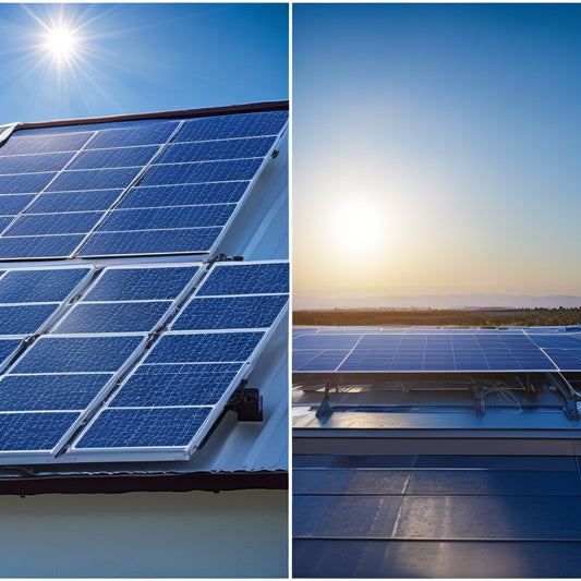 A split-screen image featuring a rooftop with solar panels installed, alongside a close-up of an inverter with wires and electrical components, set against a bright blue sky with subtle sun rays.