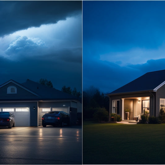 A split-screen image with a darkened home silhouette on the left, surrounded by a stormy night sky with lightning, and a bright, lit-up home on the right, with a sleek battery backup system in the garage.