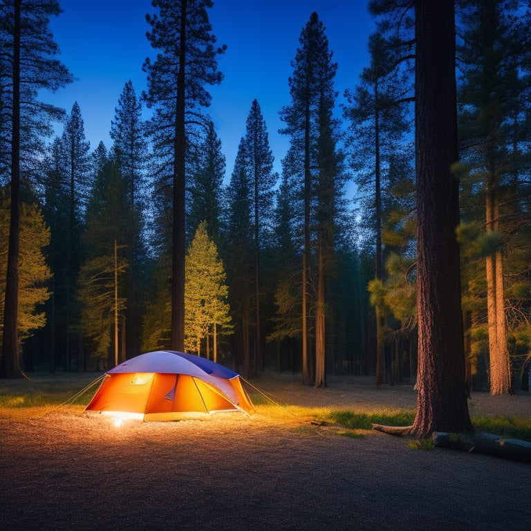 A serene campsite at dusk, featuring a solar panel set up beside a cozy tent. Warm glow from a lantern illuminates a picnic table, surrounded by tall pine trees and a starry sky above.