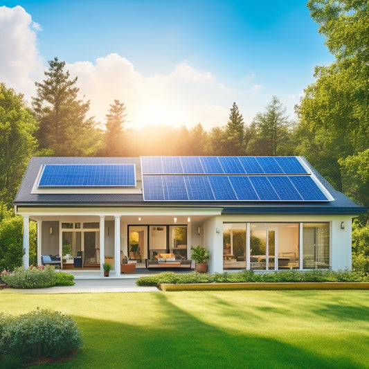A serene suburban home with a sleek, modern solar panel array on the roof, surrounded by lush greenery, with a bright blue sky and fluffy white clouds in the background.