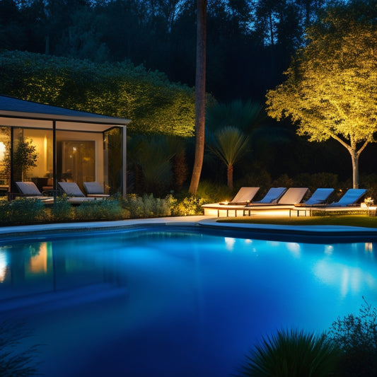 A serene night pool scene illuminated by sleek, modern LED lights in various colors, casting reflections on the water, surrounded by lush greenery, elegant lounge chairs, and tasteful outdoor decor for a safe, stylish atmosphere.