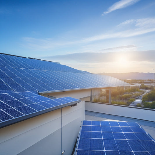A modern rooftop with sleek, black solar panels installed in a staggered pattern, accompanied by a compact, white battery unit with a subtle LED glow, set against a clear blue sky.