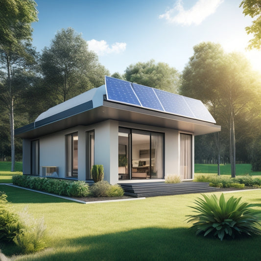 A futuristic illustration of a sleek, modern home with solar panels on the roof, connected to a compact energy storage unit in the backyard, surrounded by lush greenery and a clear blue sky.