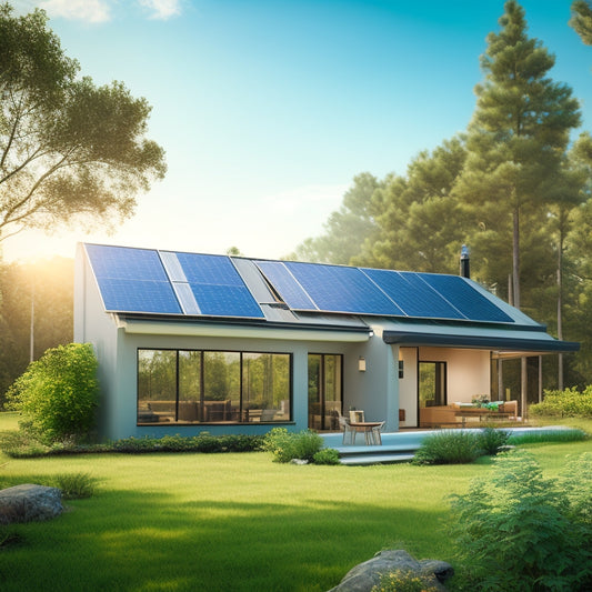 A serene off-grid home surrounded by lush greenery, with sleek, high-efficiency solar panels angled on the roof, reflecting a clear blue sky with a few wispy clouds.
