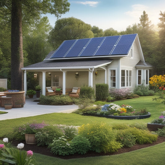 A serene suburban home surrounded by lush greenery, with solar panels on the roof, a small wind turbine in the backyard, and a compact battery storage unit next to a flower-filled garden.