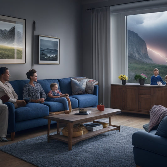 A serene living room with a family gathered around a lit TV, while a severe thunderstorm rages outside, illuminated only by a flash of lightning, with a subtle battery backup system in the corner.