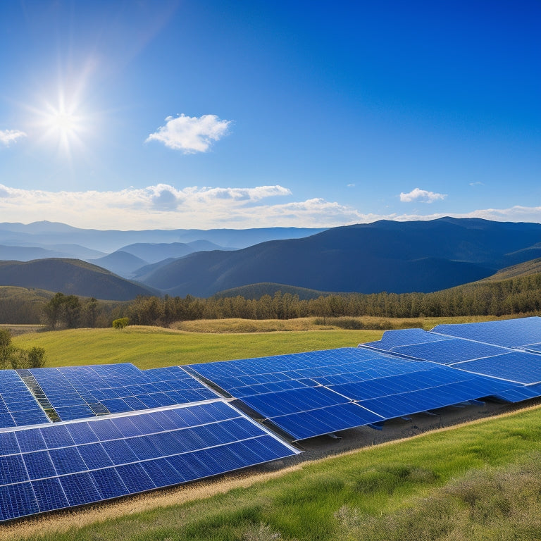 A sprawling array of 300+ photovoltaic panels, mounted on a rolling hillside, with a sleek, modern inverter station in the foreground, under a bright blue sky with a few wispy clouds.