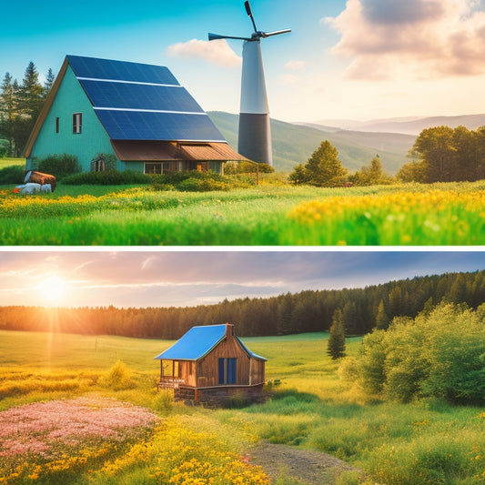 A serene landscape featuring solar panels and wind turbines amidst lush greenery, a cozy off-grid cabin with smoke curling from the chimney, vibrant wildflowers, and a clear blue sky dotted with fluffy clouds.
