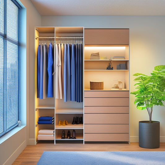 A modern, sleek, free-standing closet with solar panels on top, surrounded by a minimalist, light-filled room, with clothes and accessories organized on shelves and rods, showcasing optimal storage and eco-friendliness.