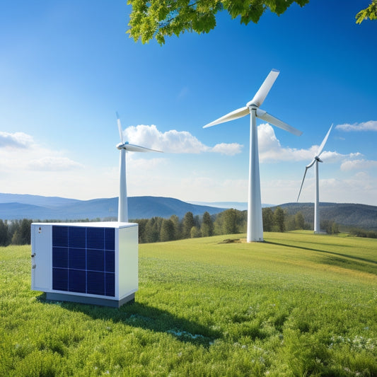 A sleek, modern eco-friendly power generator surrounded by lush greenery, solar panels gleaming under bright sunlight, wind turbines gently spinning in the background, and a clear blue sky, embodying sustainability and innovation.
