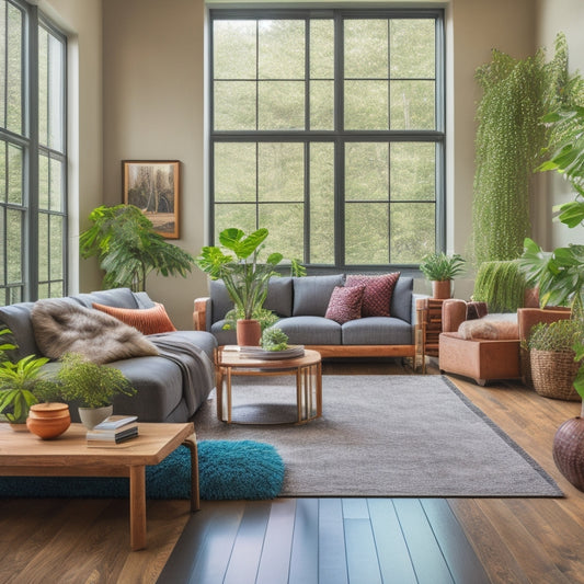 A serene, modern living room with reclaimed wood flooring, large windows, and lush greenery spilling from planters, surrounded by sustainable materials and energy-efficient appliances.