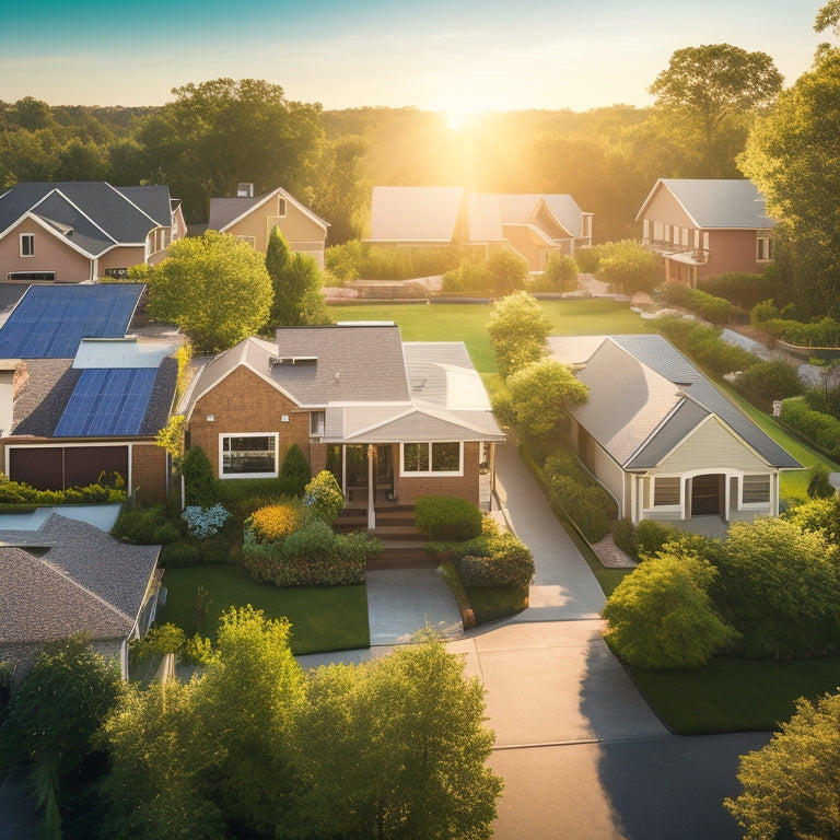 A serene, aerial illustration of a residential neighborhood with various roof types, showcasing a mix of shaded and sunlit areas, featuring subtle, glowing solar panels amidst lush greenery.