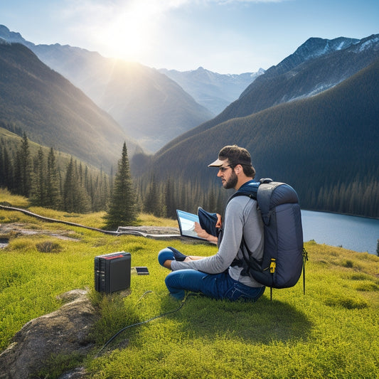 An illustration of a person hiking in a scenic outdoor setting, with a portable DIY charging system consisting of a solar panel, battery pack, and cables, powering a laptop and smartphone.
