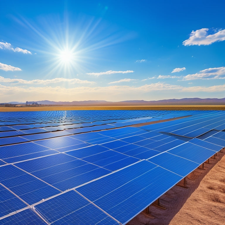 Generate an image of a sprawling solar array with rows of sleek, black photovoltaic panels angled at 30 degrees, set against a bright blue sky with a few wispy clouds.