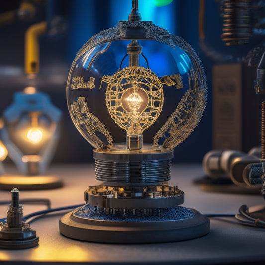 An intricate blueprint unfurls from a lightbulb, surrounded by gears, circuits, and tiny robotic arms, with a subtle glow emanating from the center, symbolizing innovative problem-solving and precision engineering.