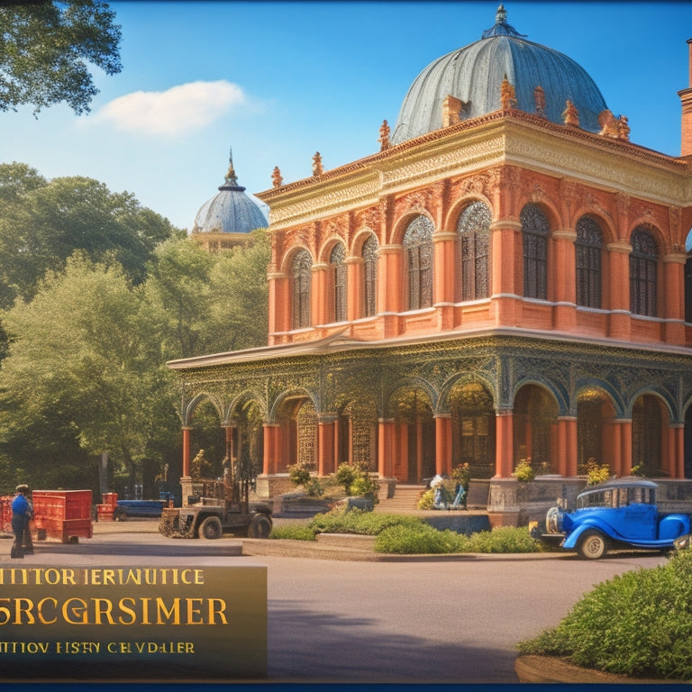 A beautifully restored historic building showcasing intricate architecture, surrounded by vibrant greenery, with construction workers applying finishing touches and a banner displaying "Historic Preservation" subtly integrated into the scene.