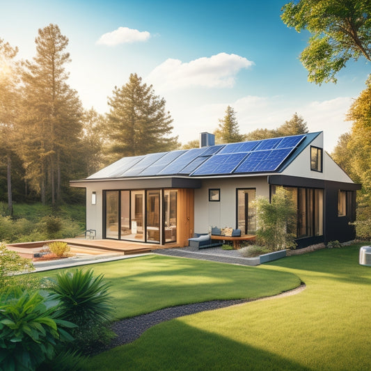 A serene, modern home with solar panels on the roof, a wind turbine in the backyard, and a battery storage system visible through a large window, surrounded by lush greenery and a sunny sky.
