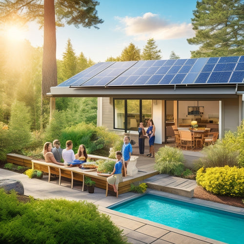 A sunny backyard showcasing a sleek solar panel installation on a modern home roof, surrounded by lush greenery, energy-efficient appliances in use, and a family enjoying outdoor activities in harmony with nature.