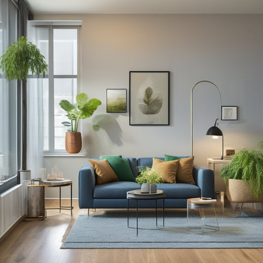 A modern living room with a sleek, minimalist decor, featuring a portable solar panel on a balcony railing, powering a laptop, a coffee maker, and a floor lamp, with a subtle green glow surrounding the devices.