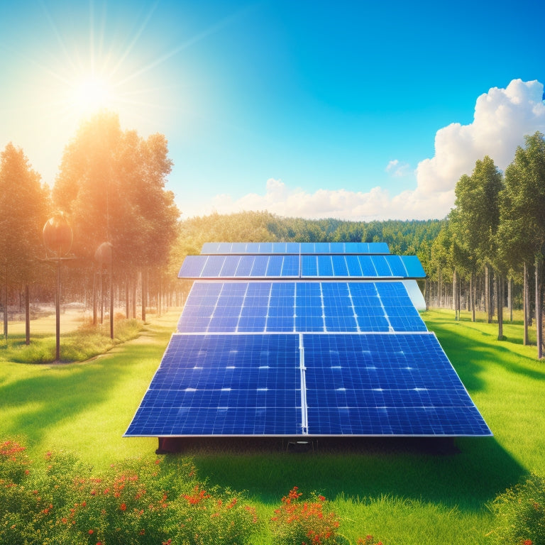 A futuristic illustration of a solar panel array connected to a sleek, modern battery system, set against a bright blue sky with fluffy white clouds, surrounded by lush greenery.