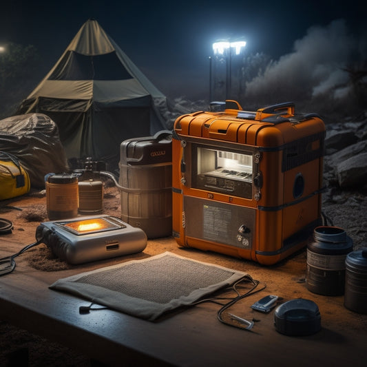 A rugged portable power station surrounded by emergency gear in a natural disaster setting, illuminated by a warm glow, with charging devices, flashlights, and survival tools, emphasizing resilience and preparedness.
