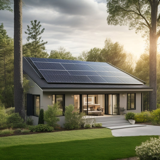 A serene suburban home with a sleek, black solar panel array on the roof, adjacent to a modern, compact battery storage system with a metallic finish, surrounded by lush greenery.