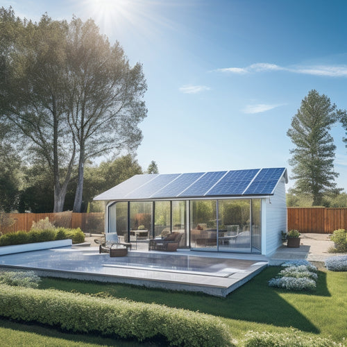 A sunny backyard with a modern, sleek, and silver-framed solar panel installation on the roof, surrounded by lush greenery and a few puffy white clouds in a clear blue sky.