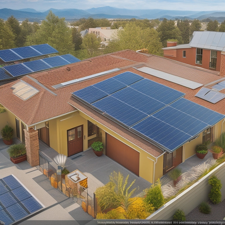 An illustration of a residential rooftop with various solar panel mounting options, including roof-ground mounts, flush mounts, and tilt mounts, showcasing different angles, orientations, and hardware.