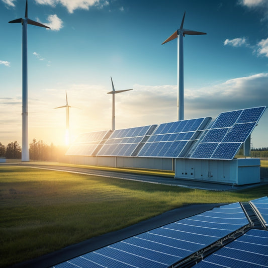 A futuristic, sleek power station with rows of gleaming solar panels, angled towards the sky, surrounded by a minimalist, modern framework and a subtle grid of wires and circuits.