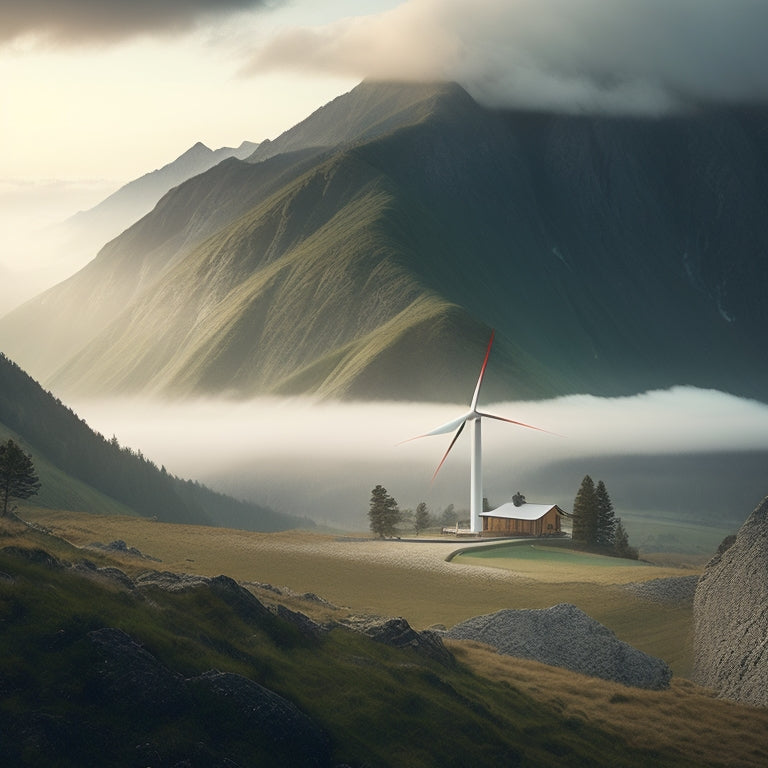 A serene, misty mountain landscape with a modern, sleek cabin in the distance, surrounded by solar panels and a wind turbine, with a subtle grid of batteries and inverters in the foreground.