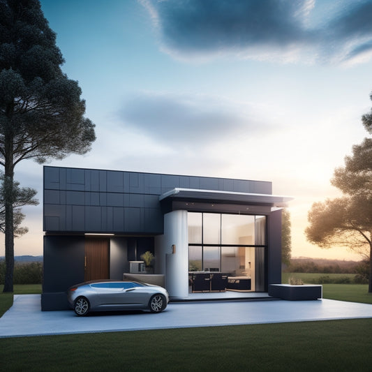 A sleek, modern home with a rooftop solar panel array, a wall-mounted battery system, and a futuristic dashboard displaying energy storage and usage data in a minimalistic, futuristic aesthetic.