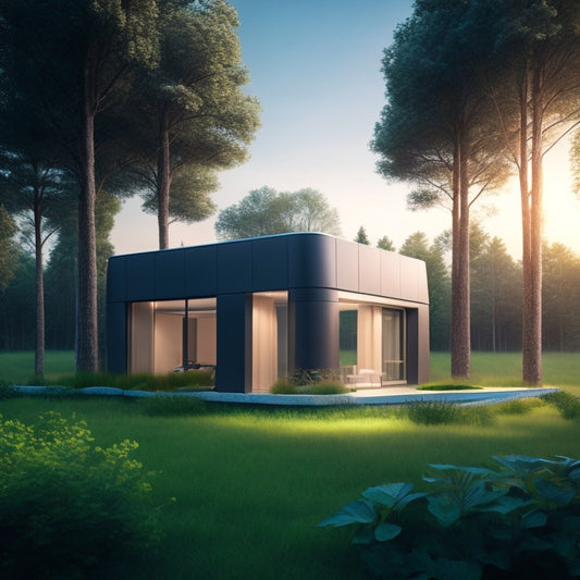 A futuristic illustration of a sleek, modern home with a subtle glow emanating from the walls, showcasing a hidden energy storage system, surrounded by a lush, green environment.