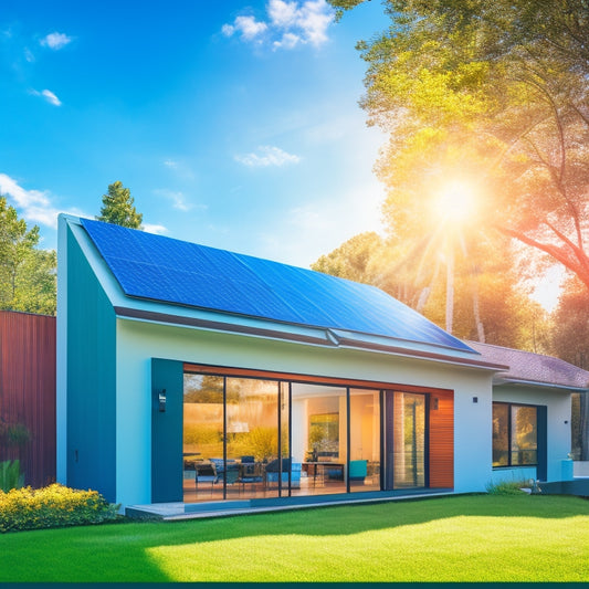 A sleek modern home with a vibrant solar power wall, sunlight glistening off its surface, contrasted against traditional solar panels on a roof, surrounded by lush greenery and a bright blue sky.