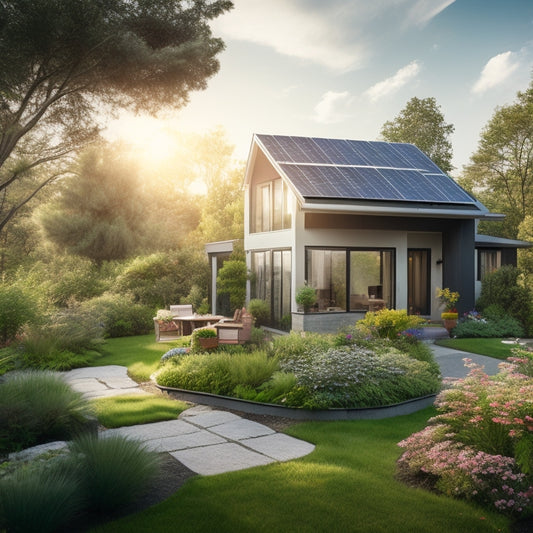 A serene, modern home with solar panels on the roof, surrounded by lush greenery, with a small wind turbine in the backyard, and a garden filled with vibrant flowers and herbs.