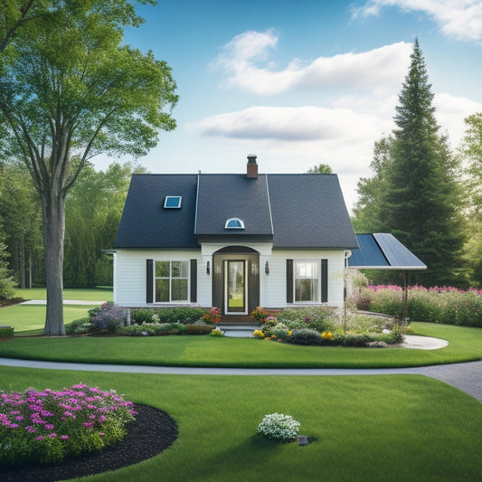 A serene suburban home with a lush green lawn, surrounded by blooming flowers and a few tall trees, featuring a sleek solar panel roof and a small, gleaming wind turbine in the backyard.