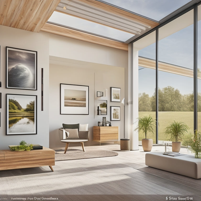 A modern home's interior with a sleek, wall-mounted battery system, surrounded by solar panels on the roof and a smart energy monitor on the wall, showcasing a seamless energy storage solution.