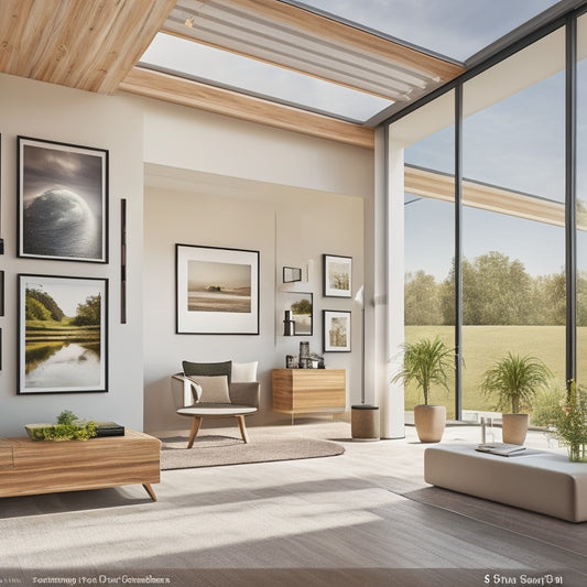 A modern home's interior with a sleek, wall-mounted battery system, surrounded by solar panels on the roof and a smart energy monitor on the wall, showcasing a seamless energy storage solution.