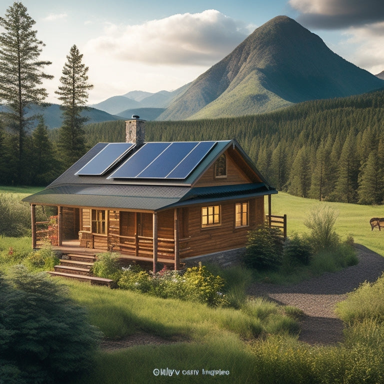 A serene off-grid cabin surrounded by lush greenery, with a solar panel array on the roof, a battery bank and inverter on the porch, and a winding dirt path leading to a distant mountain range.