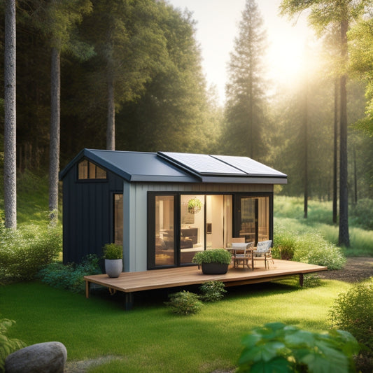 A serene, modern tiny house with a sloping roof, surrounded by lush greenery, featuring a compact solar panel array on the roof and a small, sleek inverter on the exterior wall.